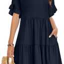Summer Dresses for Women 2026 Loose V Neck Ruffle Sleeve Tiered Flowy Casual A Line Mini Beach Dress with Pockets (XL)