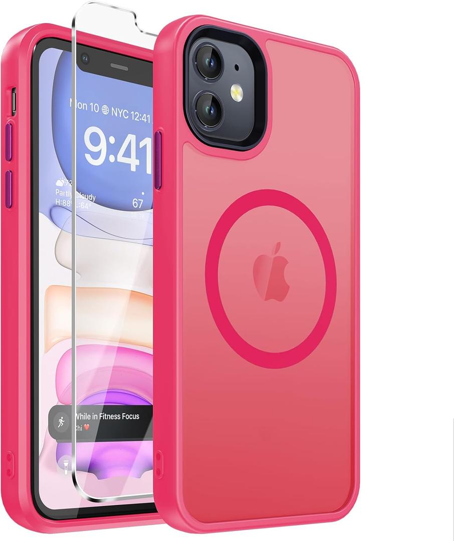 2 x DEERLAMN Magnetic Matte Case for iPhone 11 with Screen Protector, [Compatible with MagSafe][Military Grade Drop Protection] Slim Translucent Shockproof Protective Phone Cover, Hot Pink