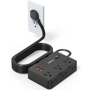 Flat Plug Power Strip Surge Protector, 5ft Ultra Thin Extension Cord with 4 USB Wall Charger(2 USB C Port), 6 Widely-Spaced Outlets Power Strip Compact for Travel, Office, Dorm Room Essentials (Black)
