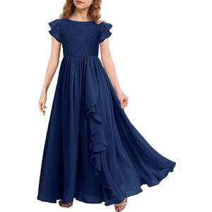 MITILLY Girls Lace Flower Maxi Dress Ruffle Sleeve A-Line Flowy Junior Bridesmaid Chiffon Dresses for Wedding Party 6-7Y