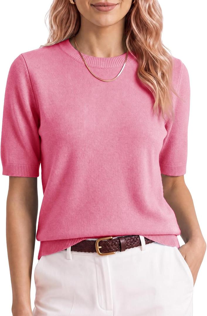 Saodimallsu Womens Short Sleeve Sweater Crew Neck Pullover Summer Lightweight Loose 2025 Knit Tops Dressy Casual Blouse (Pink)