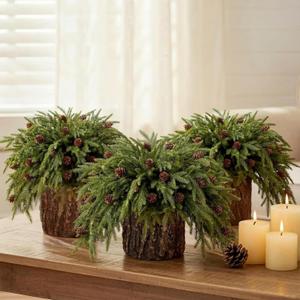 3 Sets Christmas Norfolk Pine Stems with Pinecones Berries 12 Inch Faux Artificial Greenery Plants Norfolk Branches Picks Christmas Table Decor for Vase Xmas Home Garland Decor (Pine Cones)