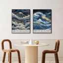 2Pcs Mount Fuji Blue Gold Wall Art Kanagawa Giant Wave Canvas Prints Japanese Fuji Painting Japanese Landscape Wall Decor Modern Japandi Style Posters Picture for Living Room, Bedroom Unframed
