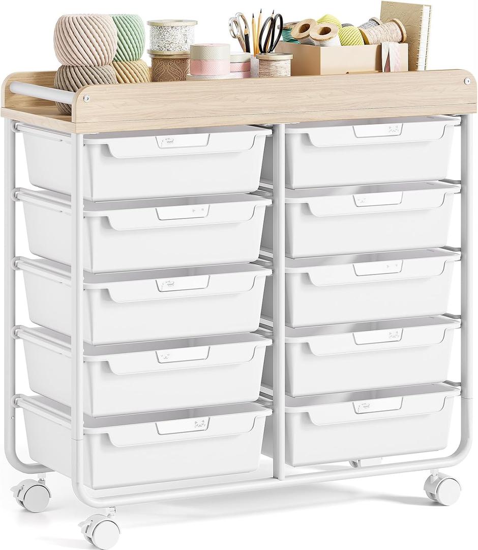 Rolling Storage Cart with 10 Large Drawers, Utility Cart with Wooden TableTop for Craft Organizers, Art Supply Storage, Home Office Organization, Cart with Wheels for Classroom, School, White