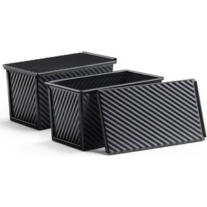 LIANYU 2 Pack Pullman Bread Loaf Pan with Lid, 1 Pound Dough Nonstick Loaf Baking Pans, Metal Bakeware for Sourdough Sandwich Homemade Bread, Carbon Steel Corrugated Toast Tin, Black