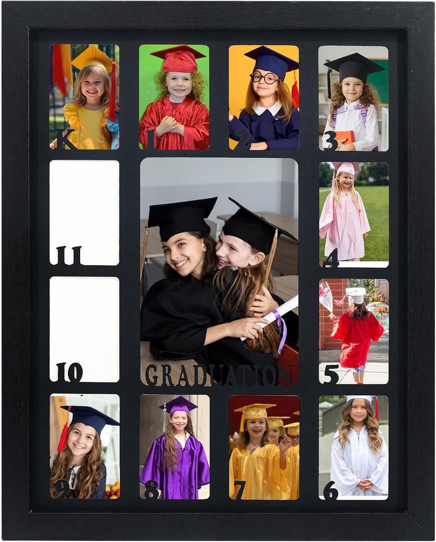 FramePro School Years Picture Frame K-12, Graduation Photo Collage Black Frame with Black Mat, Displays One 5x7 Photo and Twelve 2.5x3.5 Pictures, Graduation Gift Souvenirs