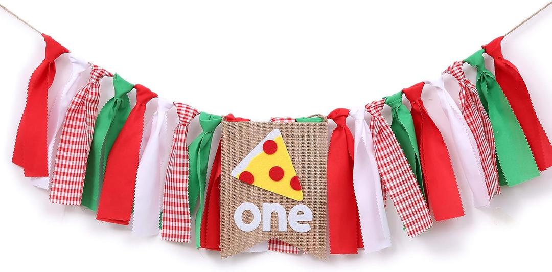 WAOUH Pizza Highchair Banner for 1st Birthday - Fabric Rag Garland Decoration, Cake Smash Photo Prop (80in)