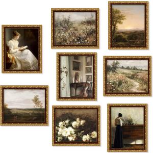 Vintage Wall Art Decor Prints Farmhouse Wall Decor Nature Landscape Flower Botanical Painting Poster, Vintage French Country Wall Art Prints Rustic Cottagecore Decor Retro Aesthetic, Moody Gallery Wall Art for Home Bedroom Set of 8(8x10inch Unframed) (style1)
