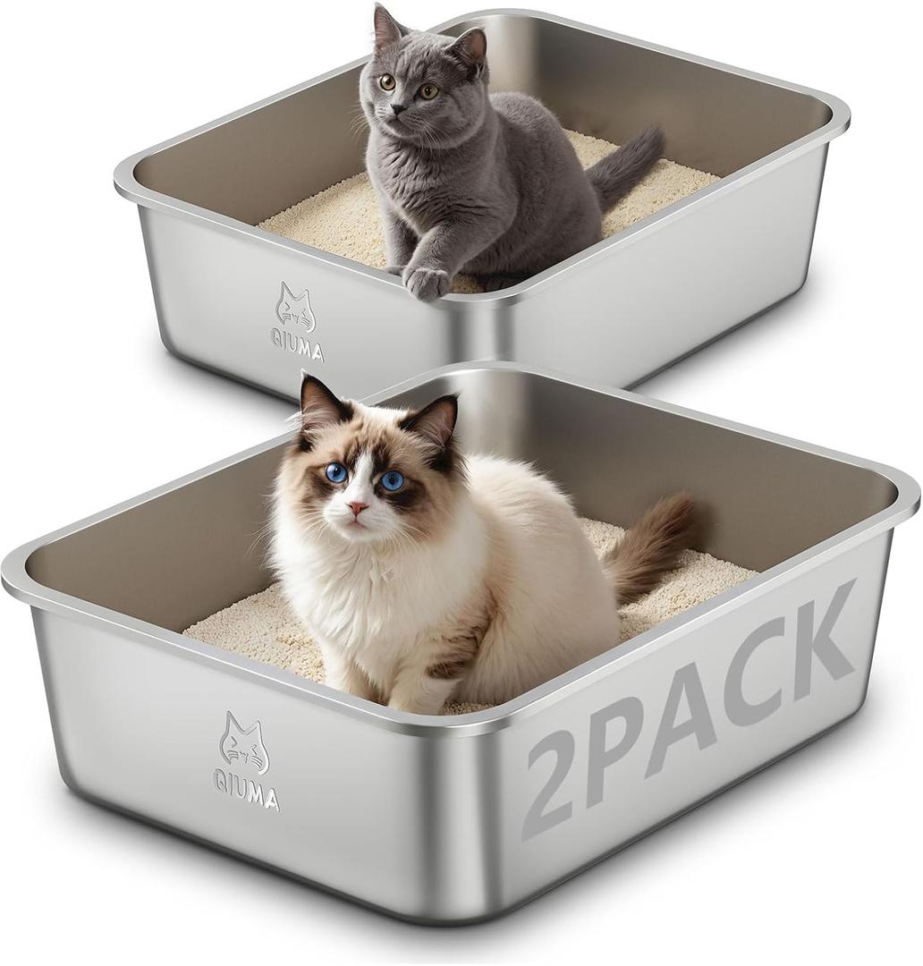 Qiuma 2 Packs Stainless Steel Cat Litter Box, 17.6" L×13.6" W×6" H, Metal Kitty Litter Box with High Sided for Small Cats, Non-Stick, Easy to Clean, Odor-Free