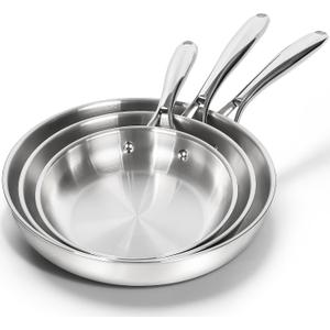 MICHELANGELO 18/10 Stainless Steel Frying Pan Set, 8" / 9.5" / 11" Cooking Pans, Triply Base Stainless Steel Pan Set with Ergonomic Handle, Induction Compatible