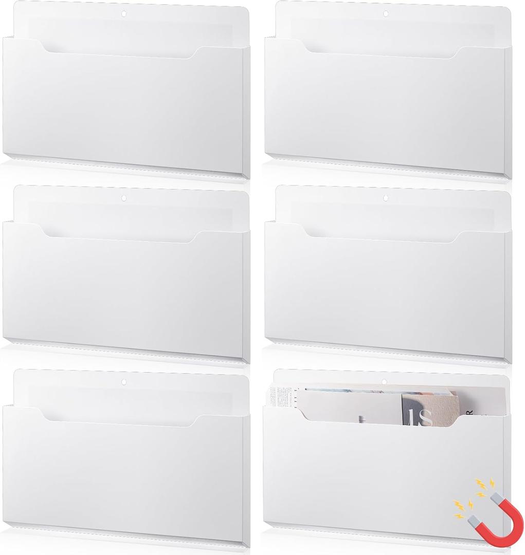 Fuutreo 6 Pcs Magnetic Wall File Organizer Magnetic Wall File Holder Refrigerator Magazine Holder for Mail Letters Paper(White,Horizontal-large)