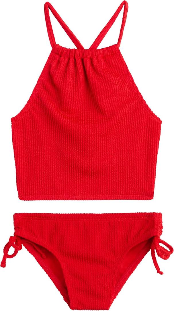 Kanu Surf Girls Daisy UPF 50 Beach Sport Halter Tankini 2-Piece Swimsuit (6X, Popcorn Solid Red)