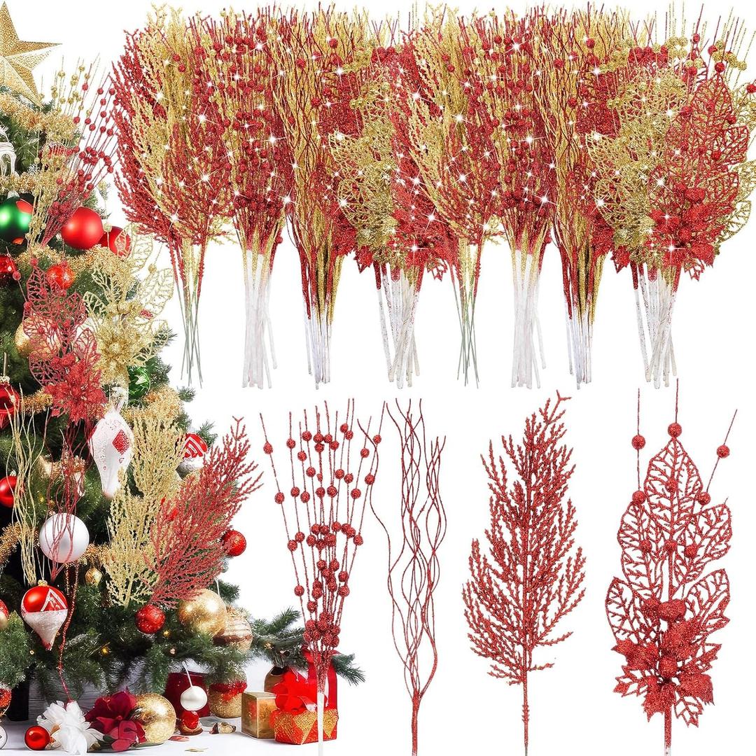Libima 36 Pcs Christmas Glitter Berries Stems 15 Inch Xmas Artificial Pine Needles Floral Picks Sprays Glittery Curly Twigs Branches Ornaments for Xmas Tree DIY Crafts Wreath Vase Filler(Red Gold)