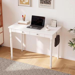 Solid Wood Desk with Drawers - 40 Inch Writing Desk with Drawers, Simple Modern Desk with 2 Hooks, Rubber Wood Study Table for Bedroom, Living Room & Office, White Desks, 39.4 in W x 21.7 in D