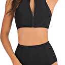 Women Two Pieces Crop Top Bikini Sets Chic Pretty Swimsuit (XX-Large, Black Zip)