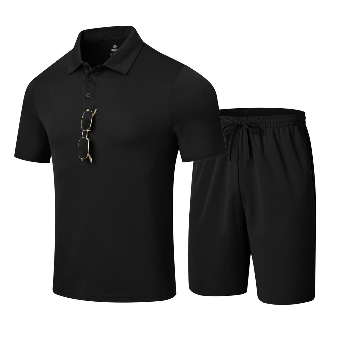 MoFiz Mens Two Piece Sweatsuit Set Polo Shirt Shorts Set Comfortable Men's Outfits Tracksuit Black Large (L)