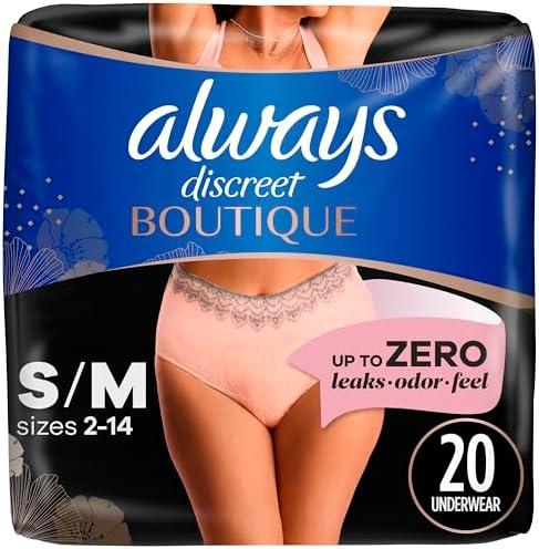 Always Discreet Boutique Adult Incontinence & Postpartum Underwear for Women, High-Rise, Size Small/Medium, Rosy, Maximum Absorbency, Disposable, 20 Count