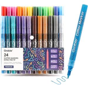 Grabie Glitter Metallic Markers, Extra-Fine Tip Glitter Acrylic Paint Markers, Quick-Drying Water-based Ink Glitter Pens for Adults, DIY Crafts Making (Extra Fine Tip 24 Colors, Pack of 24)