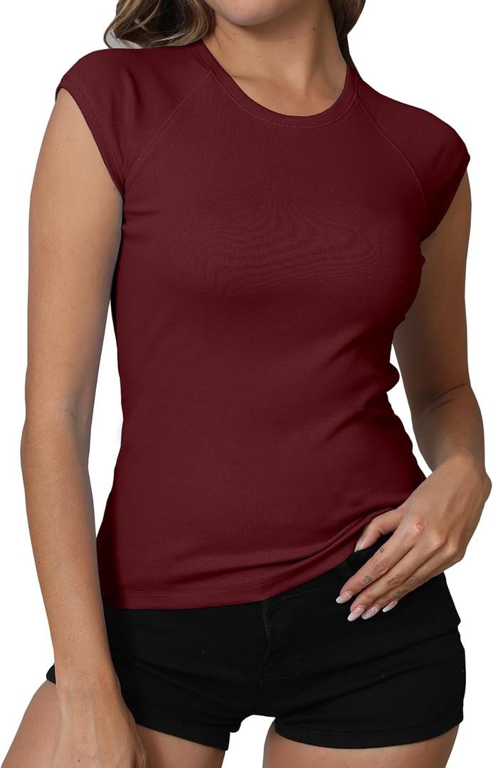 Dwnval Womens Cap Sleeve Crew Neck Shirts Y2K Slim Fit Ribbed Knited Crop Tops 2026 Summer (XL)