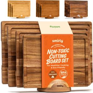 SMIRLY Wooden Cutting Boards For Kitchen - Bamboo Cutting Board Set with Holder, Wood Cutting Board Set, Cutting Board Wood, Wooden Chopping Board, Wooden Cutting Board Set