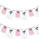 2 x 2 Pack Pink and White Halloween Ghost Garland Banner, Ghost Halloween Party Banner Decorations Indoor for Haunted Mansion Mantle Home Decor