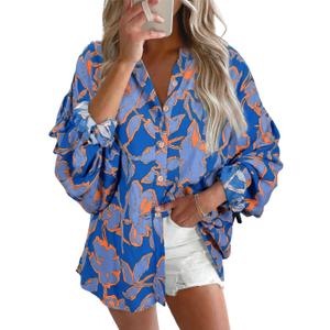 Astylish Womens 2026 Boho Floral Loose Spring Summer Tops Lantern Sleeve Flowy Blouses V Neck Button Down Shirts (M)