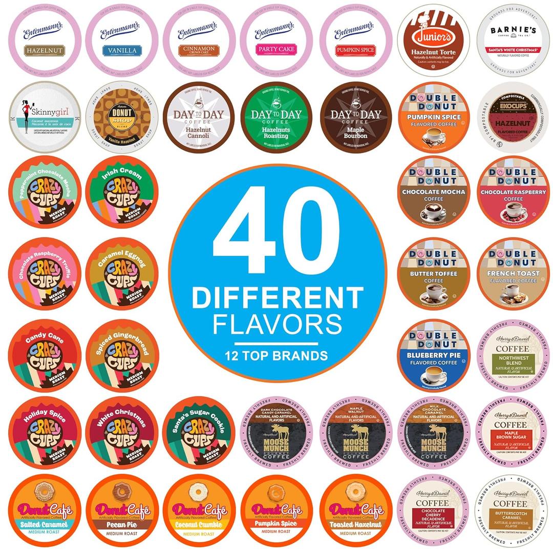 Crazy Cups Flavored Coffee Pods Variety Pack for Keurig K Cups Brewers, Assorted Flavored Coffee Sampler, 40 Count (EXP 12/31/26)