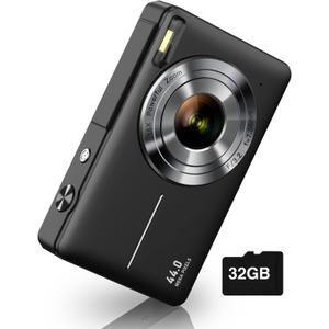 Digital Camera, Camkory FHD 1080P Kids Camera 44MP Point and Shoot Digital Cameras with 32GB SD Card, 16X Zoom, Two Batteries, Lanyard, Compact Small Camera for Kids Boys Girls (Black)