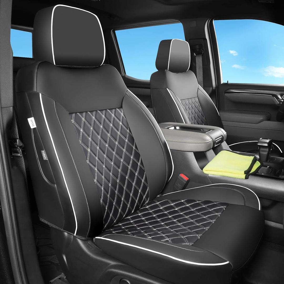 TANDI Custom Fit Silverado Seat Covers with Faux Leather for Chevy Silverado 2014 2015 2016 2017 2018 & for GMC Sierra 1500 and 2015-2019 2500HD 3500HD (Black with White Trim, Full Set (SG-B))