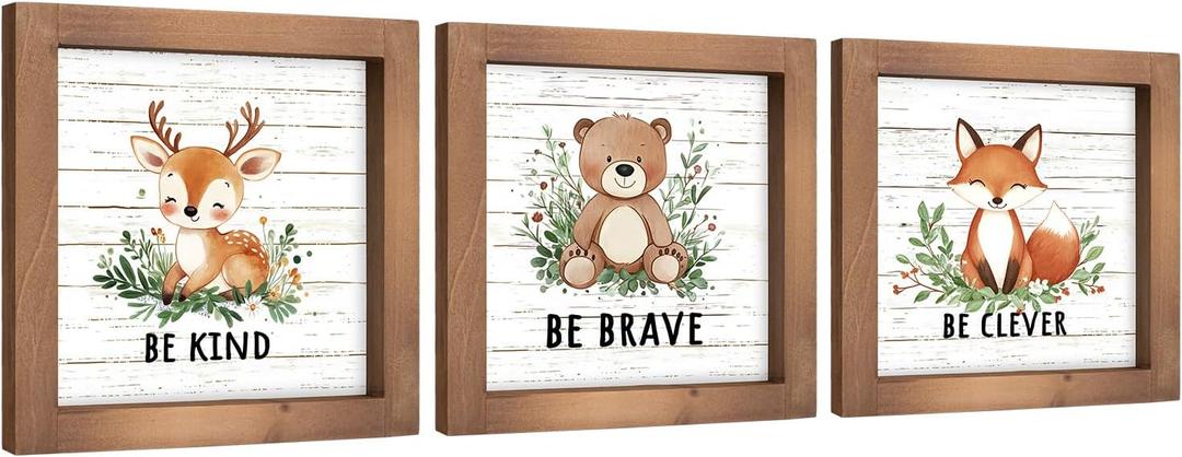 pechpell Set of 3 Woodland Baby Shower Decorations, Wooden Woodland Creatures Nursery Decor Forest Animal Bear Fox Deer Sign, Nature Jungle Theme Wall Art for Home Table Shelf Desk Bedroom Bathroom