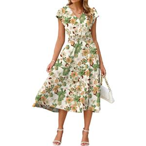 BerryGo Women's Floral Boho Ruffle Summer Midi Dress Short Sleeve V Neck Empire Waist Swing Flowy Dress (Orange, L)