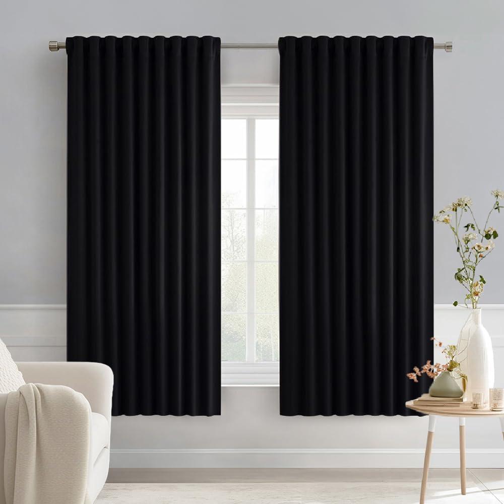 MIULEE Black Back Tab Blackout Curtains 63 Inches Long 2 Panels Set for Living Room Bedroom Privacy, Halloween Rod Pocket/Pinch Pleat Thermal Insulated Room Darkening Pleated Light Blocking Drapes