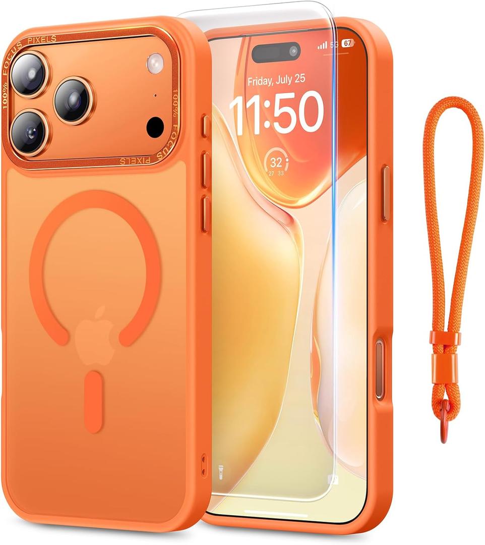 Stronger Magnetic & Shockproof for iPhone 17 Pro Case, Fit for MagSafe, Military-Grade Drop, with Screen Protector & Wrist Strap, Translucent Slim Phone case for iPhone 17 Pro Cover, Cosmic Orange