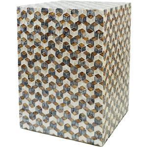 PEMAR Mother of Pearl Square Drum End Table Nacre Lacquer Side Bedside Accent Table and Vanity Stool for Living Room Bedroom (Geometric Cube)