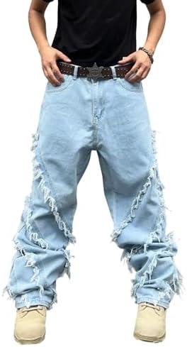 DFGIGT Mens Baggy Jeans Street Rock Style Fringe Frayed Edges Jeans Patchwork Wide Leg Skater Denim Pant Size M
