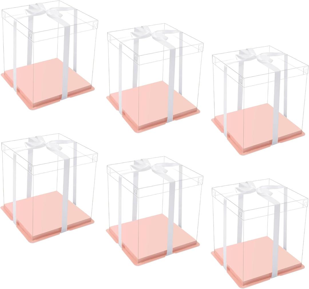 XININSUN pink clear cake box with ribbon,12x12x10inch tall cake boxes for tiered cake, transparent cake carrier, cake containers clear gift box for wedding, birthday, party(6pcs)
