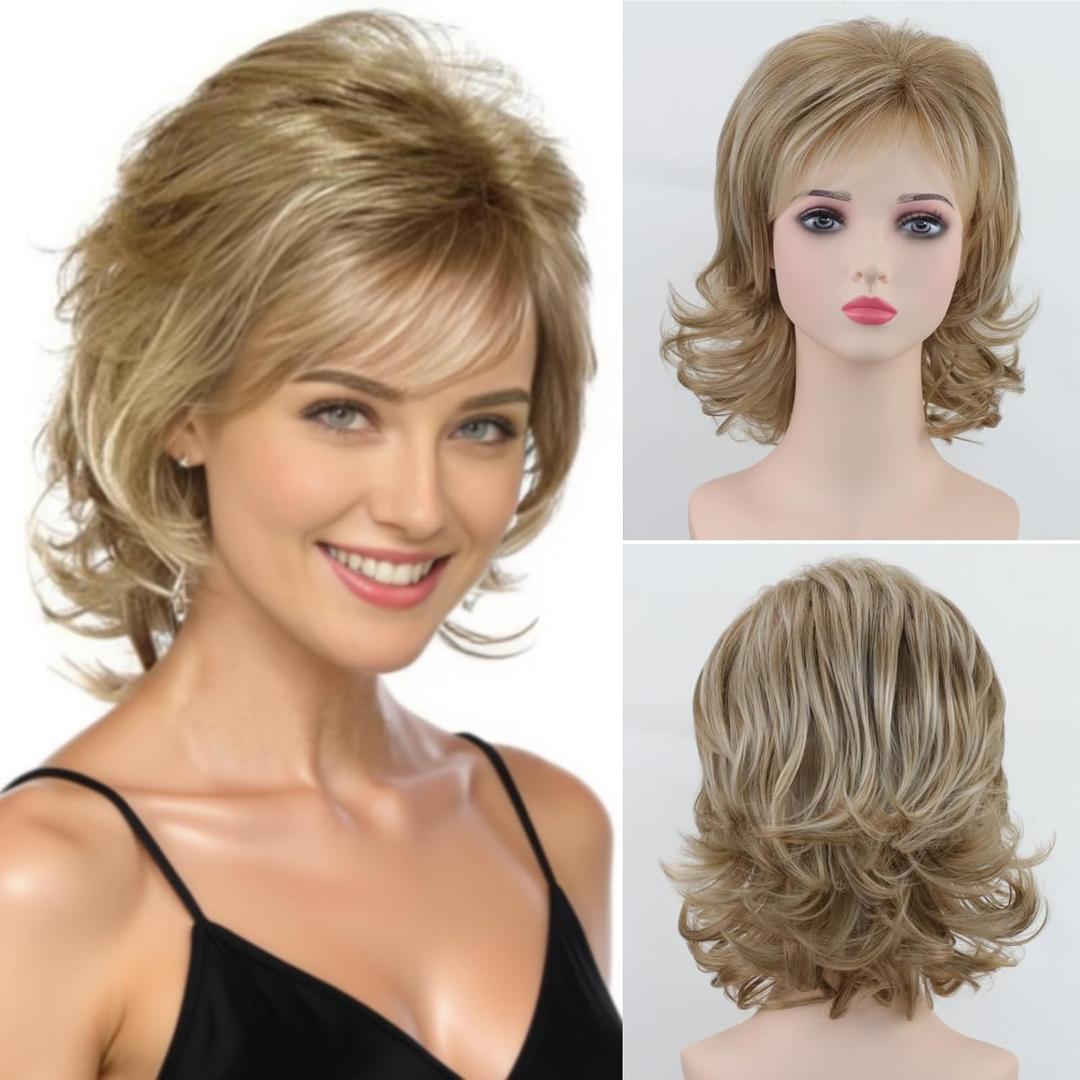 RENERSHOW Short Mixed Blonde Curly Wig with Bangs Natural Wavy Synthetic Wigs for Women