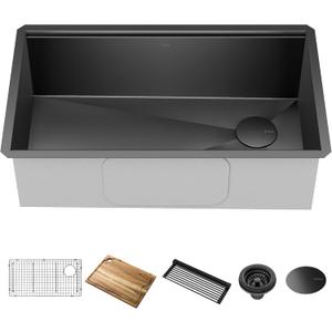KRAUS Kore Workstation 32-inch Undermount 16 Gauge Black Stainless Steel Single Bowl Kitchen Sink in PVD Gunmetal Finish with Accessories, KWU110-32/PGM 