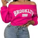 SOLY HUX Women's Letter Graphic Sweatshirt Off Shoulder Long Sleeve Cropped Pullover Top HotPink Letter Small (Pink, S)