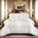 Silk Like Satin Comforter Set with Sheet Set King 8 Pcs White Satin Bedding Set Silky Ruffle Pattern Home Deocr Luxury Hotel Silky Bed in a Bag with 1 Cushion Cover