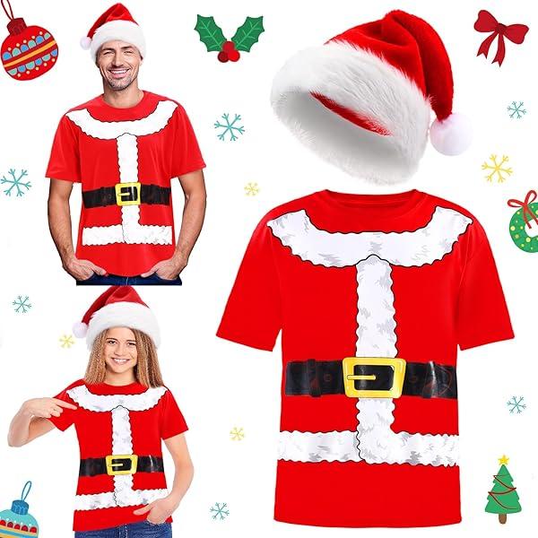 Geyoga 2Pcs Christmas Santa Claus Costume Xmas Funny Santa Shirt and Hat for Men, XL