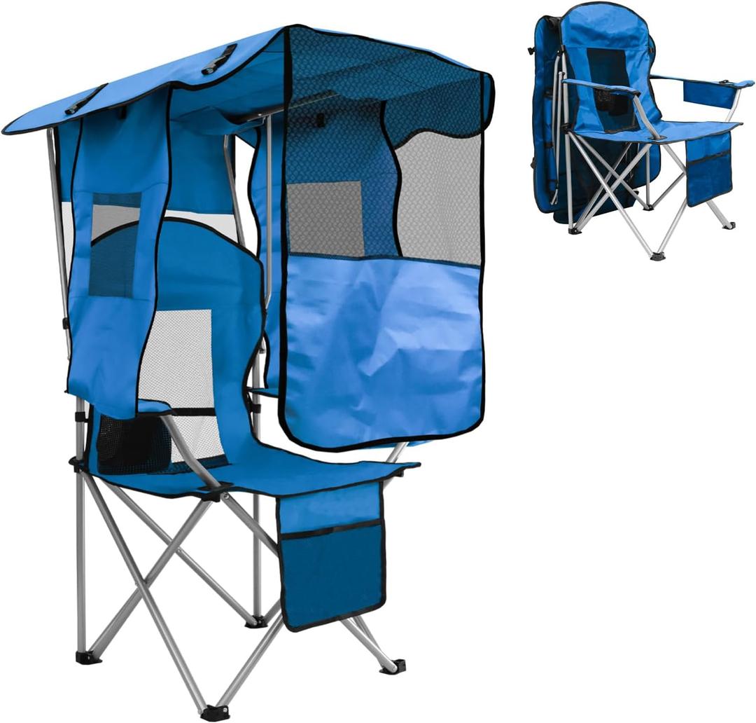 BDL Camping Chair with Canopy Shade Portable Foldable Canopy Chair with Cooler, Mesh Backrest, Cup Holder, and Pocket for Camping, Fishing, Beach, and Sports,Sky-Blue, 34.5 x 30 x 49.6 inches