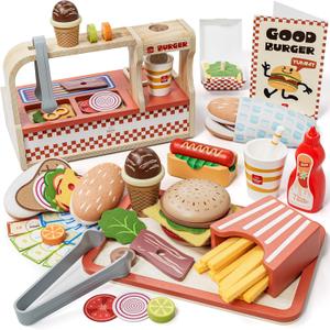 Lehoo Castle Wooden Play Food Sets, Play Hamburger Counter Shop, Toy Food for Toddlers, Play Food Sets for Kids Kitchen, Fake Food Pretend Play for Toddlers 3-5