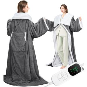 EAONE 59 * 70 Heated Throw Blankets Electric Snuggle with Foot Pocket, Wearable Heated Blanket with Sleeves for Women Men Adults, Super Soft Flannerl & Sherpa Blanket Warmer for Home Office (Gray-white)