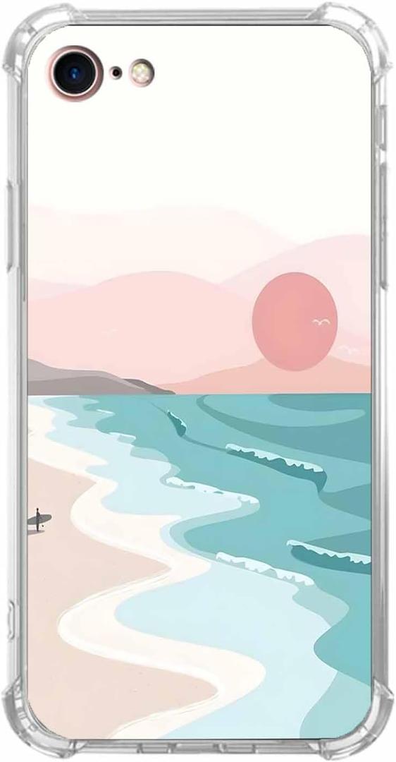 Case for iPhone SE2/SE3/7/8 with Minimalistic Design,Aesthetic Boho Summer Beach Sunset Pattern for Men Women,Clear Slim Soft TPU Bumper Case,4.7(Beach,7)