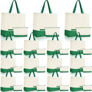Sanwuta 30 Pcs Canvas Tote Bags Bulk with Zipper Cosmetic Pouch 18.5" Reusable Cotton Shopping Bag with Handle for DIY Craft (Green)