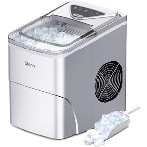 Silonn Ice Makers Countertop, 9 Cubes Ready in 6 Mins, 26lbs in 24Hrs, Self-Cleaning Ice Machine with Ice Scoop and Basket, 2 Sizes of Bullet Ice for Home Kitchen Office Bar Party, Sliver (Silver)