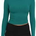 Artfish Women's Casual Basic Ribbed T-Shirts Slim Fitted Boat Neck Long Sleeve Crop Top (Medium, Teal)
