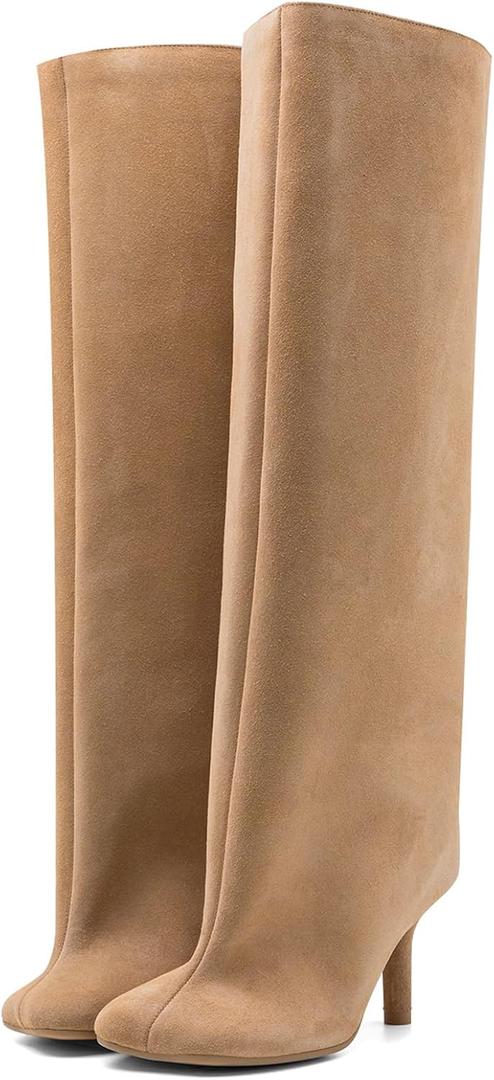 Women's Knee High Suede Boots for Women Wide Calf Square Toe Stiletto Heels Tall Boots Pull On High Heel Long Booties (10.5, Beige)