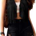 OYOANGLE Women's Fringe Cropped Vest Sleeveless Tassel 70s Cowgirl Western Vintage Jackets Outerwear (Medium, Black)